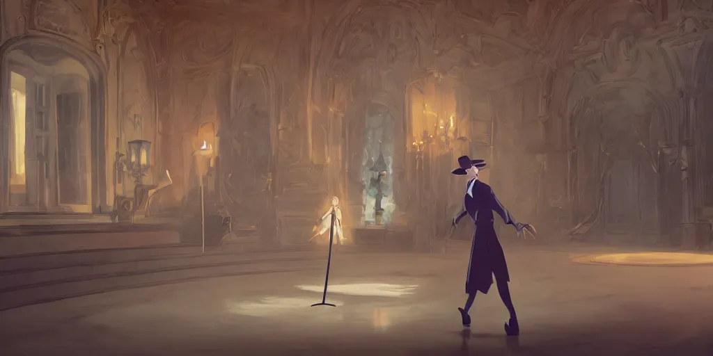 Image similar to animation key shot of a magician with a pointy hat dressed sweeping the floor in an elegant castle, studio ghibli, pixar and disney animation, sharp, rendered in unreal engine 5, anime key art by greg rutkowski, bloom, dramatic lighting