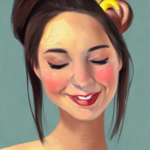 Prompt: face of a beautiful brunette with two buns, small lips, pointy nose, closed eyes, cheeks, dreamy smile, digital paint with withible brush strokes