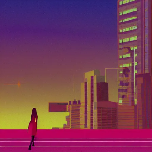 Prompt: Woman against a city landscape at night. Retrowave. Digital art.