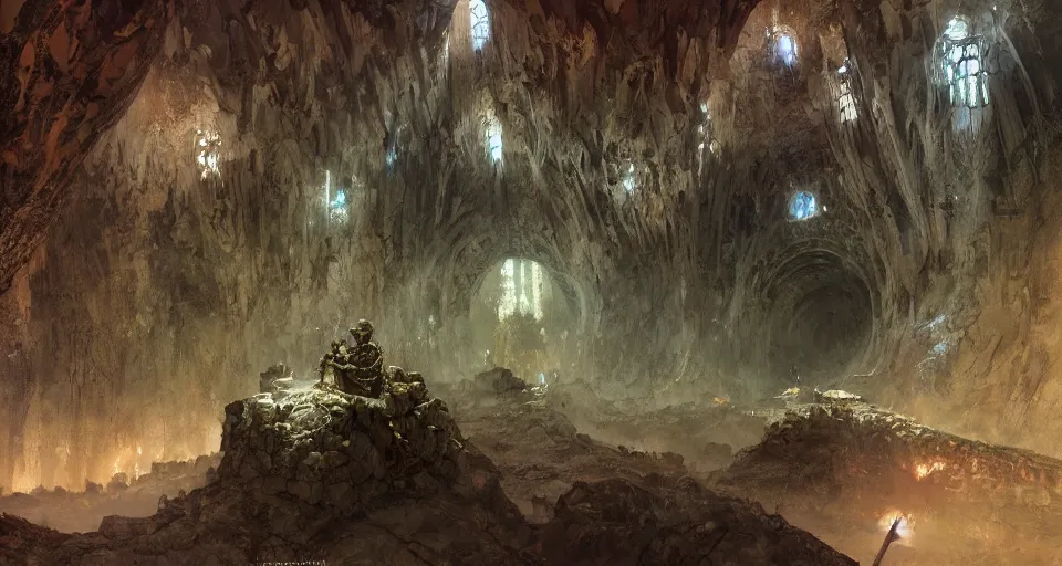 Prompt: looking up an ancient subterranean complex in middle - earth, comprising a vast labyrinthine network of tunnels, chambers, mines and halls, intricate, vivid colors, elegant, highly detailed, john park, frazetta, john howe, ruan jia, jeffrey catherine jones