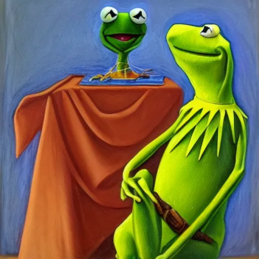 Image similar to terrified kermit the frog, oil painting, botticelli, raphael, vermeer