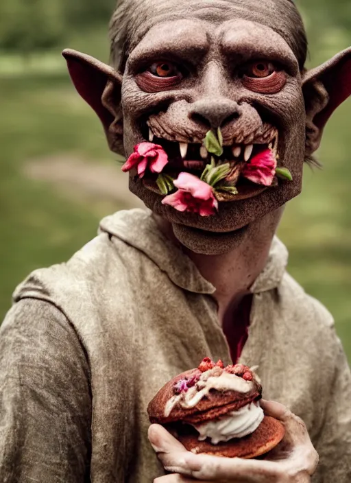 Image similar to closeup profile face portrait of a medieval goblin eating cakes in the cloisters, depth of field, zeiss lens, detailed, symmetrical, centered, fashion photoshoot, by annie leibovitz and steve mccurry, david lazar, jimmy nelsson, breathtaking, 8 k resolution, extremely detailed, beautiful, establishing shot, artistic, hyperrealistic, beautiful face, octane render