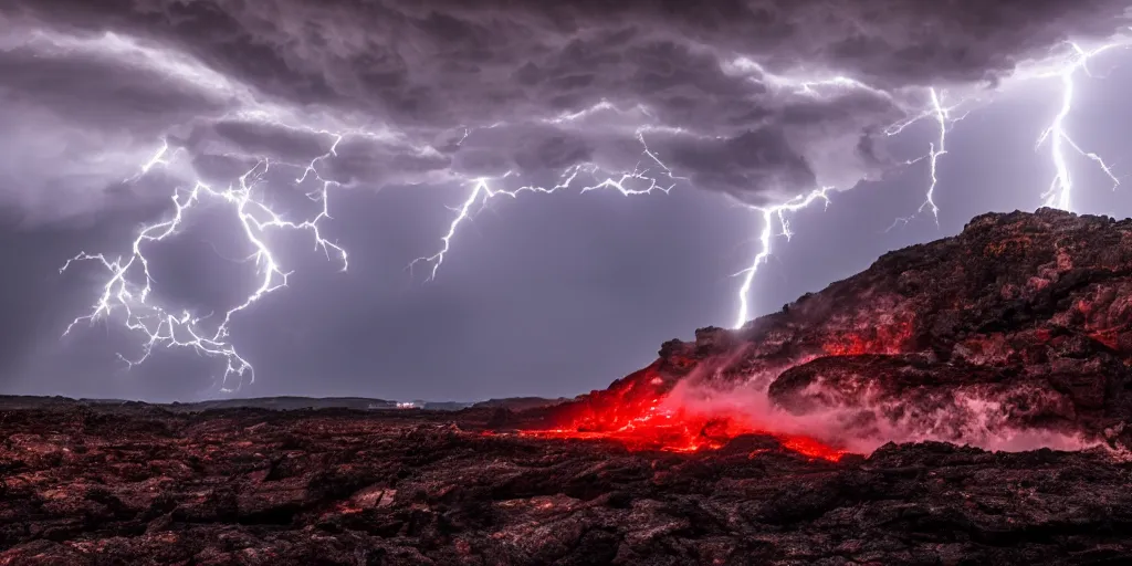 Prompt: Thunderstorm with lightning made out of lava, cinematic lighting, wide angle landscape photography, hyperrealistic, 8k