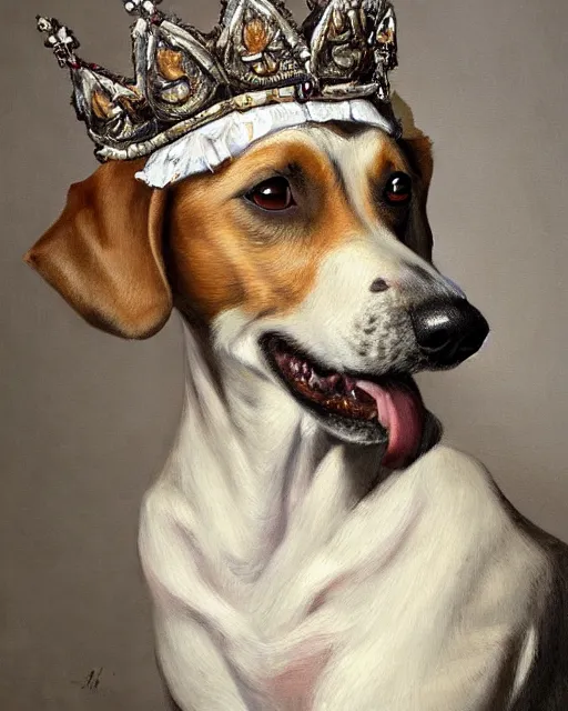 Prompt: a painting of a dog wearing a crown, a flemish Baroque by Brian Despain, behance contest winner, classical realism, flemish baroque, detailed painting, whimsical