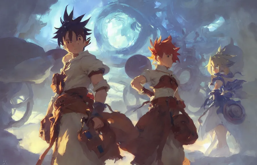 Image similar to greg manchess concept art of the chrono trigger dimension, key visual, ambient lighting, highly detailed, digital painting, artstation, concept art, sharp focus, by makoto shinkai and akihiko yoshida and hidari and wlop and greg rutkowski