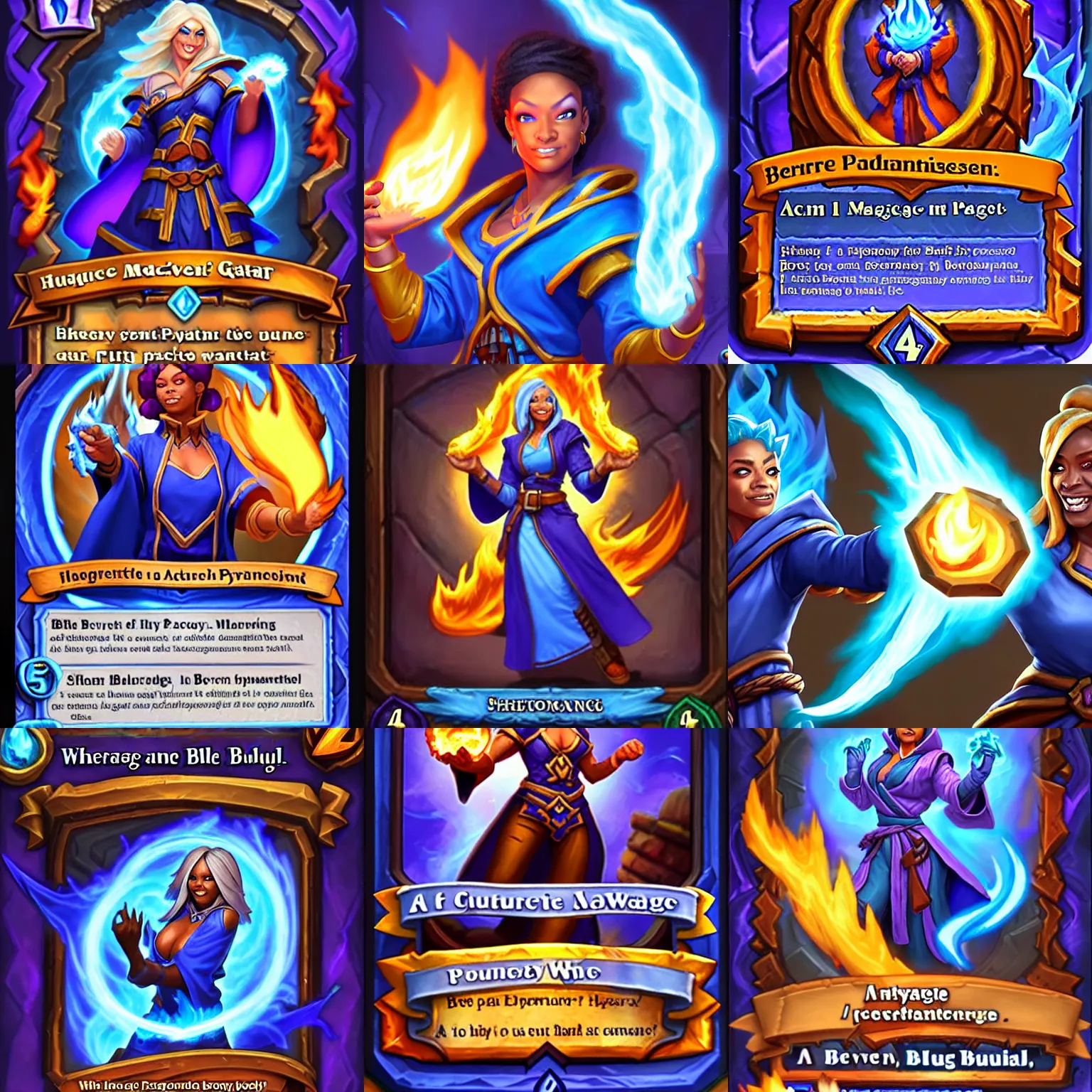 Prompt: Who : a mage with a blue robe casting a fire ball; Physical : Beverly Paige exact same body ; IMPORTANT : Hearthstone official splash art, award winning, trending in category \'high details\'