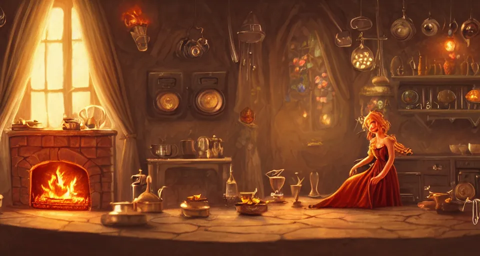 Prompt: a close - up of a fairy in a vintage magical kitchen, with a fireplace in the background d & d, fantasy, intricate, elegant, digital painting, artstation, concept art, smooth, sharp focus, sticker illustration