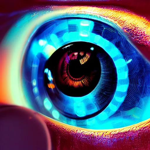 Prompt: Cybernetic Eye with reflections, Close up, colorful, fantasy, vivid colors, concept art, sharp focus, digital art, Hyper-realistic, 4K, Unreal Engine, Highly Detailed, HD, Dramatic Lighting by Brom, trending on Artstation