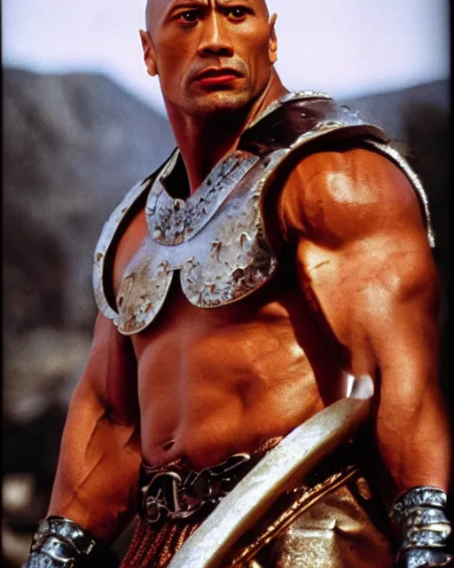 Prompt: film still close up shot of dwayne johnson as maximus from the movie gladiator. photographic, photography