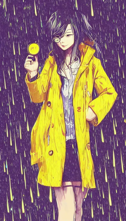 Prompt: girl in a yellow coat standing in the rain holding a small pocket watch, thick outlines, bright colors, digital art, hard edges, detailed, anime style, dynamic pose, character design, fisheye perspective, high angle, art by sora kim, rinotuna, ilya kuvshinov