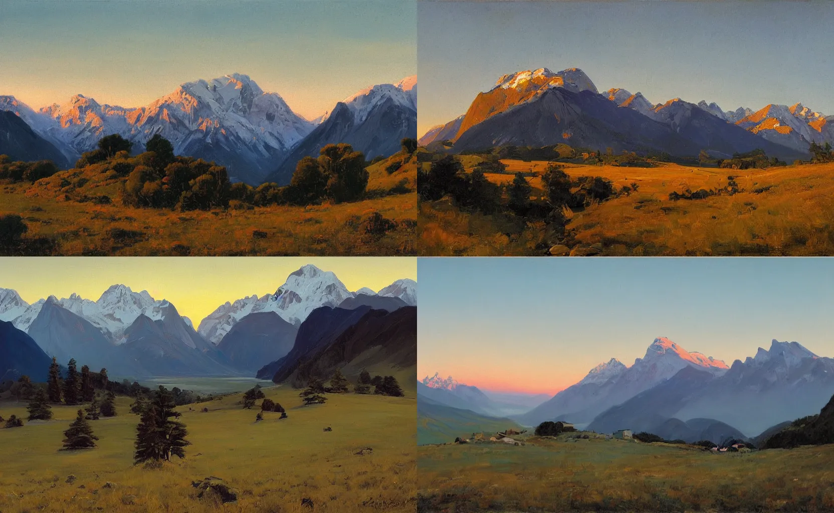 Prompt: the mountainous landscape of the Southern Alps at twilight, painting by Karl Gustav Rodde and Ben Aronson