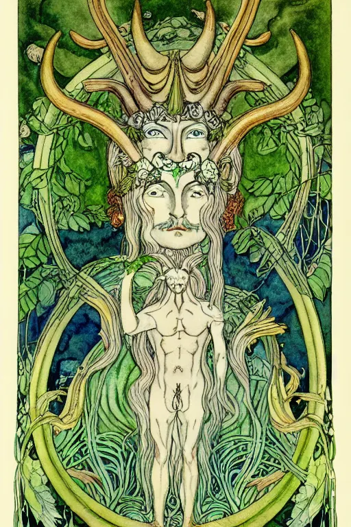 Prompt: god corunnus, horned god, green man, realistic face of horned man in a frame of foliage, detailed art by kay nielsen and walter crane, illustration style, watercolor