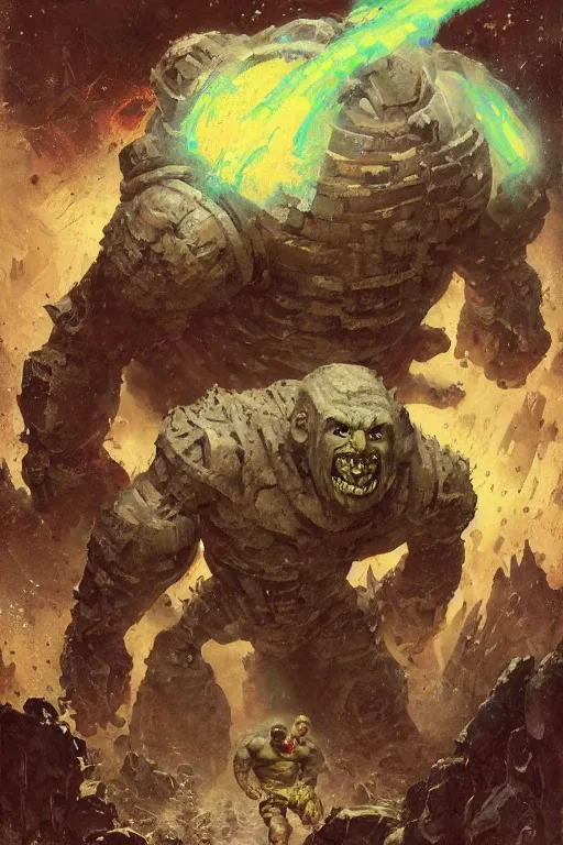 Prompt: full body portrait of martyn ford as huge golem attacking spaceship, dynamic action, by norman rockwell, jack kirby, jon berkey, earle bergey, craig mullins, ruan jia, jeremy mann, tom lovell, marvel, astounding stories, 5 0 s pulp illustration, scifi, fantasy
