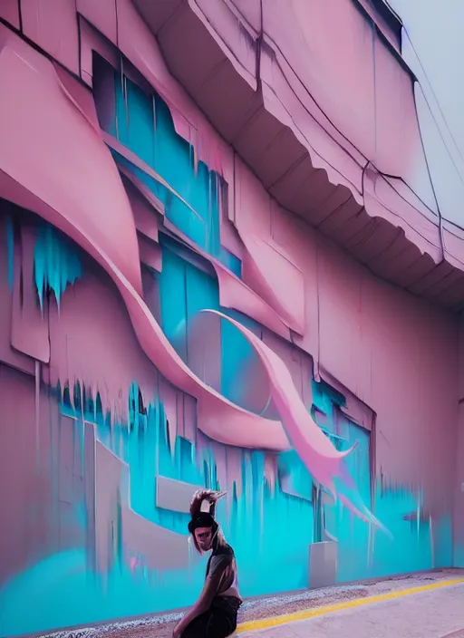 Image similar to matte painting extreme offset 3 d calligraphy graffiti mural dripping paint wall extreme maximalism by atey ghailan, by greg rutkowski, by greg tocchini, by james gilliard, by joe fenton, pink, brown, black and light blue color scheme, octane render