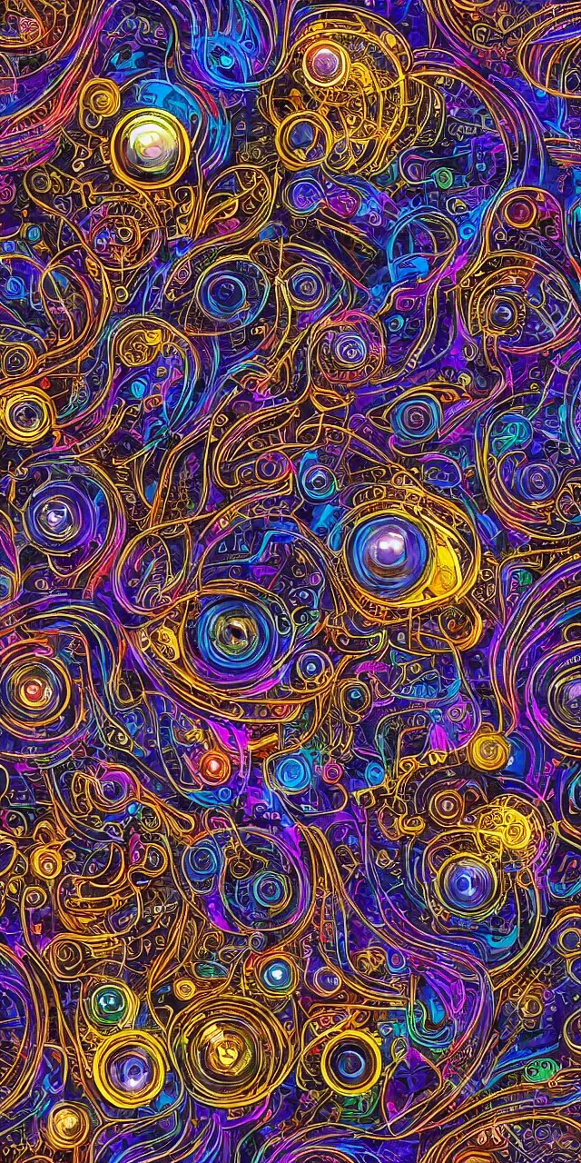 Image similar to a seamless pattern of Cybernetic Eye with intricate reflections and circuits, colorful, fantasy, vivid colors, large motifs, concept art, sharp focus, digital art, Hyper-realistic, 4K, Unreal Engine, Highly Detailed, HD, Dramatic Lighting by Brom, trending on Artstation, photorealistic, masterpiece, smooth gradients, no blur, sharp focus,insanely detailed and intricate, cinematic lighting, Octane render, epic scene, 8K