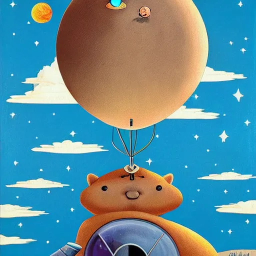 Prompt: a capybara astronaut floating above earth by casey weldon and mark ryden