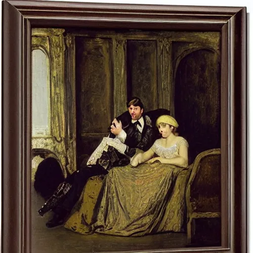 Image similar to a young man and woman chatting in an old theater, by alfred stevens