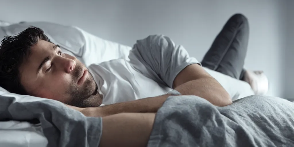 Image similar to man lying in bed and thinking of coding, hyper realistic, 4 k, rendering, unreal engine