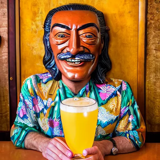 Image similar to a closeup photorealistic photograph of smiling salvador dali at trader vic's bar sitting next to a trader vic's style tiki mug featuring the face of salvador dali. tiki culture. bright scene. 4 k hd image that's trending on artstation, featured on behance, well rendered, extra crisp, features epic composition and the style of unreal engine.