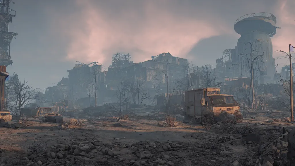 Prompt: a photo of 8k nuclear fallout towns, cinematic lighting, trending on artstation, 4k, hyperrealistic, focused, extreme details, unreal engine 5, cinematic, masterpiece