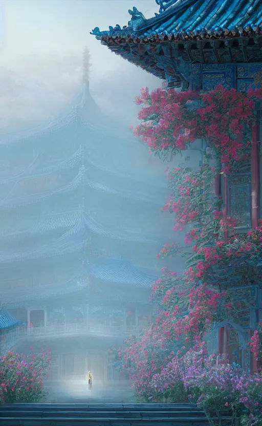 Image similar to vanishing point, palace covered with aqua blue roses like the forbidden city in distance at the red rose royal manor, viewed from afar, stephen bliss, misty, unreal engine, fantasy art by greg rutkowski, loish, ferdinand knab, and lois van rossdraws,, global illumination, radiant light, minimalist, detailed and intricate environment