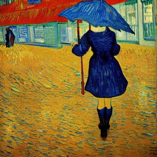 Prompt: girl with an umbrella girl with an umbrella. a walk inside a van gogh painting is a starry night. inside the painting. see everything from the inside. clearly detailed. dramatic.