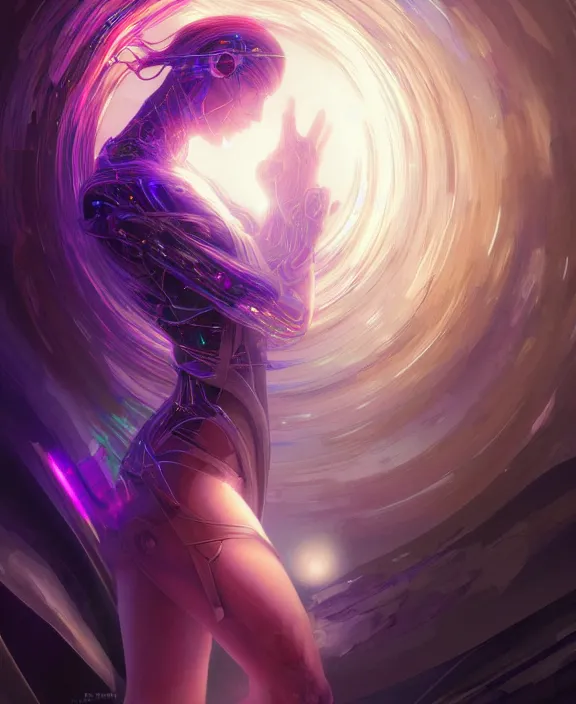 Image similar to a whirlwind of souls rushing inside the metaverse, hologram, half body, neurochip, shaved temple, piercing, jewelry, android, cyborg, cyberpunk face, by loish, d & d, fantasy, intricate, elegant, highly detailed, colorful, digital painting, artstation, concept art, art by artgerm and greg rutkowski and alphonse mucha