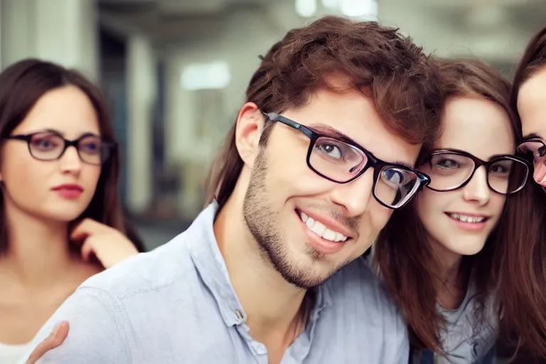 Prompt: girls feeling attracted by a guy with glasses, hd, high detailed