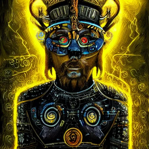 Prompt: mythological odin all father Shaman of artificial intelligence creating an artificial neural network with thunder with yellow synapses on an anvil, high resolution, award winning art, trending on art station, sharp image, incredibly detailed, detailed character realistic painting