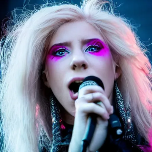 Prompt: a pretty female metal singer performing at a concert. She is blond except for a single strand of pink hair. Her hair barely reaches her shoulders. She has blue eyes. 4K, low angle shot