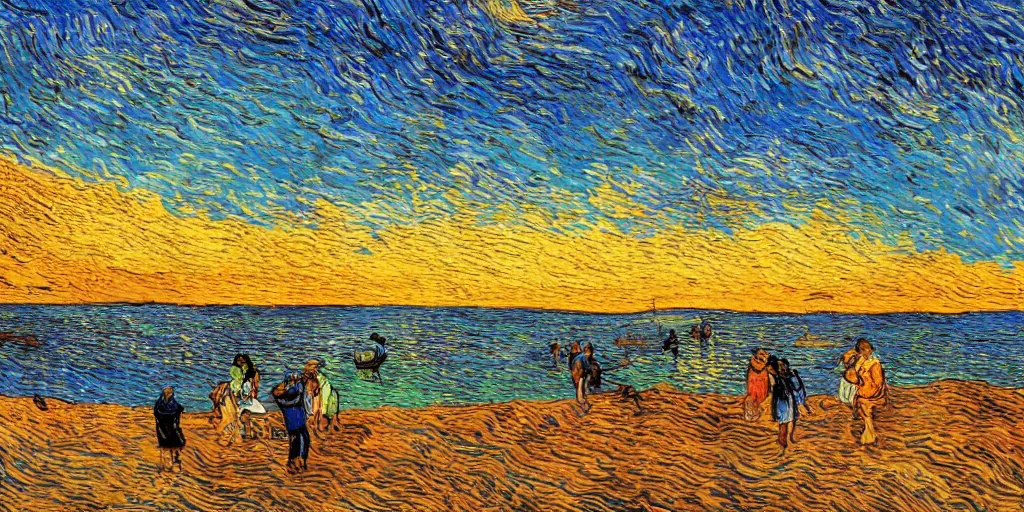 Prompt: People in beach, beach is between the two valleys, by Salvador Dali and Van Gogh collaboration, sun set, digital art, high details, drone wide shot