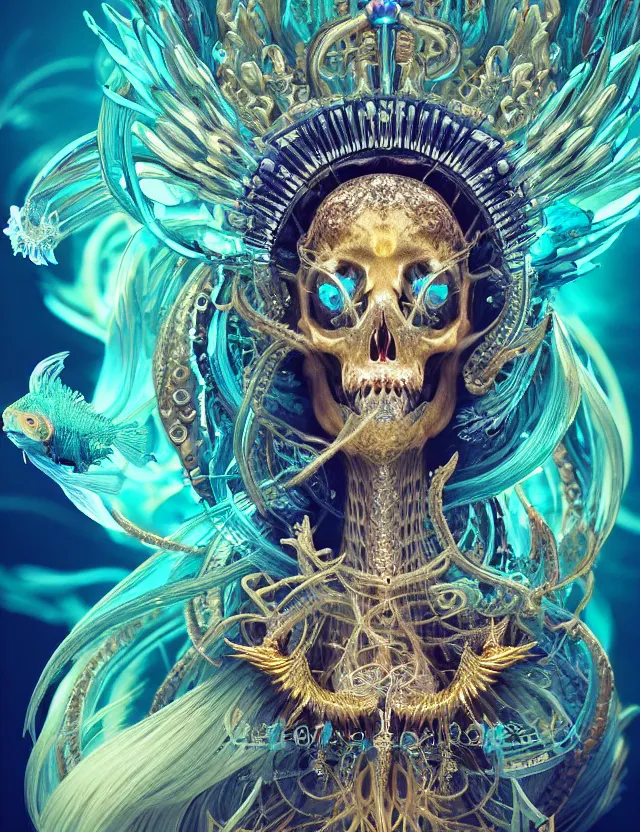 Image similar to goddess phoenix macro close - up portrait with crown made of ram skull. phoenix, betta fish, jellyfish, bioluminiscent, plasma, ice, water, wind, creature, super intricate ornaments artwork by tooth wu and wlop and beeple and greg rutkowski