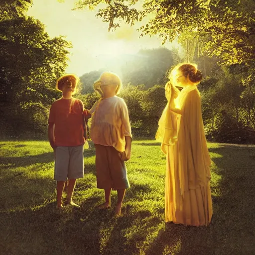 Image similar to Photograph, the warm, golden light of the sun casts a beautiful glow on the scene, and the gentle breeze ruffles the leaves of the trees. The figures in the photograph are engaged in a simple activity, the way they are positioned and the expressions on their faces suggest a deep connection. Peace and contentment, idyllic setting. tintype by Ilya Kuvshinov bold