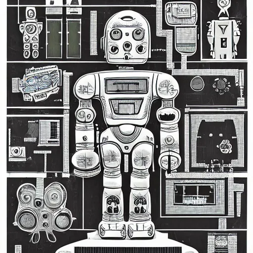 Image similar to a diagram of a robot body with various parts, cyberpunk art by eduardo paolozzi, behance contest winner, computer art, greeble, steampunk, poster art, james turrell, post it note art, optical illusion art, joseph stella, andy warhol, venus of willendorf, vintage robot, robot illustration