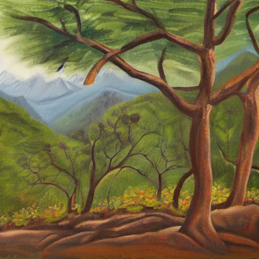 Image similar to a nicaraguan forest in spring, mountains in the background, oil in canvas