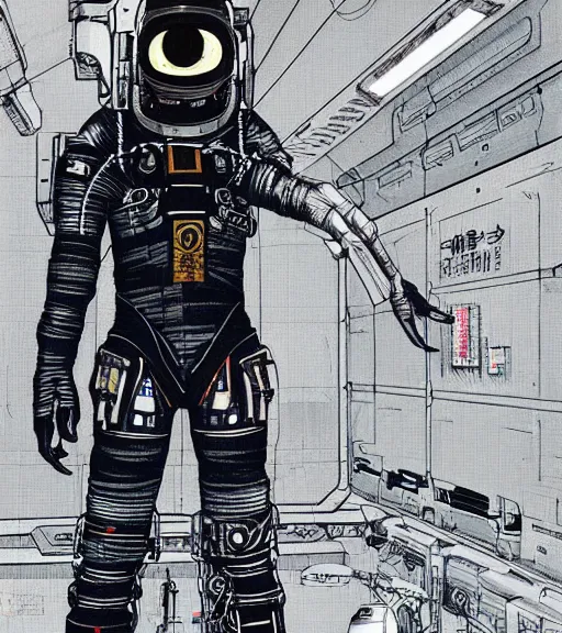 Image similar to cyberpunk japanese engineer with long limbs and a black spacesuit on a spacewalk, techwear, dead space, visible face, Industrial Scifi, detailed illustration, character portrait, by Martin Grip and Moebius