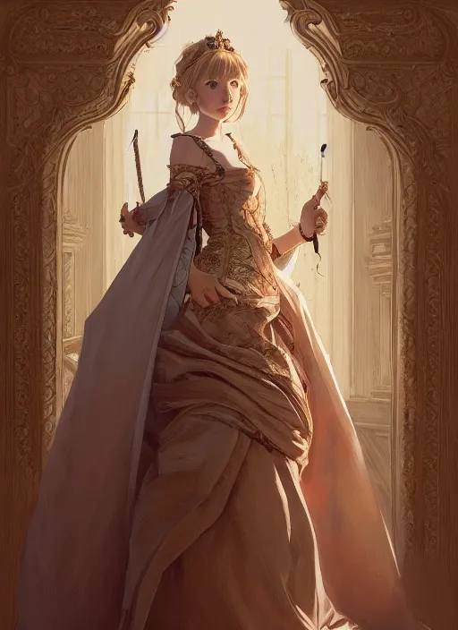 Image similar to portrait of a full body of young beautiful female princess, d & d, baroque dress, elegant, flat lighting, intricate, highly detailed, digital painting, artstation, concept art, smooth, sharp focus, illustration, misa amane, art by simon bisley and greg rutkowski and alphonse mucha, natural tpose