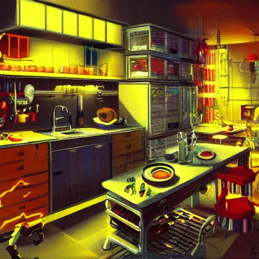 Image similar to IKEA catalogue photo of a cyberpunk kitchen, by Paul Lehr