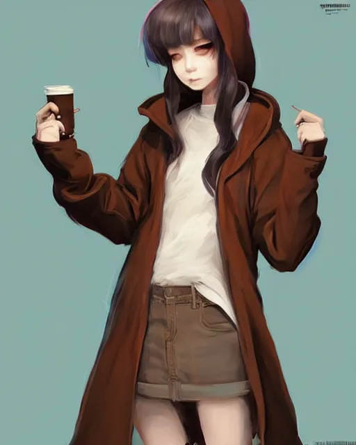 Prompt: concept art for a creature monster girl, wearing a brown coat over a hoodie, standing in a lo - fi dorm | | cute - fine - fine details by stanley artgerm lau, wlop, rossdraws, and sakimichan, trending on artstation, brush strokes