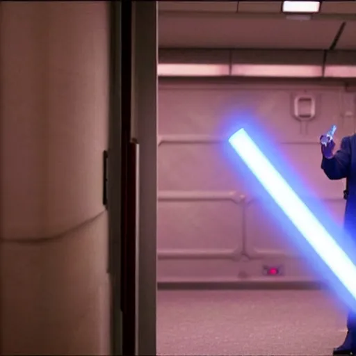 Prompt: Joe Biden as a Jedi knight, standing in a spaceship corridor. He has a blue lightsaber in his hand, and the light from it illuminates the scene. Industrial light and magic. Filmic. Heavy atmosphere. Photorealism.