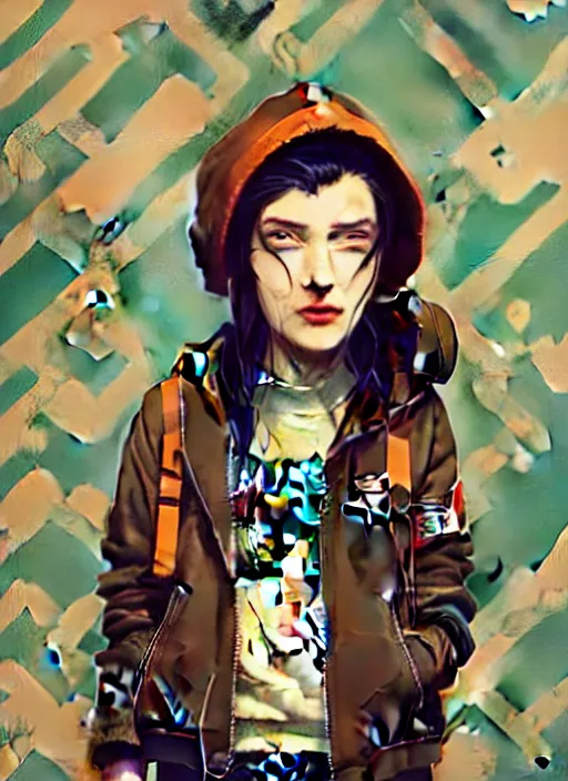 Image similar to highly detailed portrait of a cloudpunk young seattle lady, tartan hoody, by atey ghailan, by greg rutkowski, by greg tocchini, by james gilleard, by joe fenton, by kaethe butcher, gradient green, brown, blonde crea, orange, brown and white color scheme, grunge aesthetic!!! ( ( graffiti tag wall background ) )