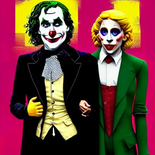 Image similar to ilya yefimovich repin and mimmo rottela and banksy as joaquin phoenix skinny joker, holding hand, lady gaga harley queen, ultra photorealistic, intricate details, pop art style, concept art, confident posse, justify content center, 2 colours, warm color, 4 k, ultra smooth, sharp focus