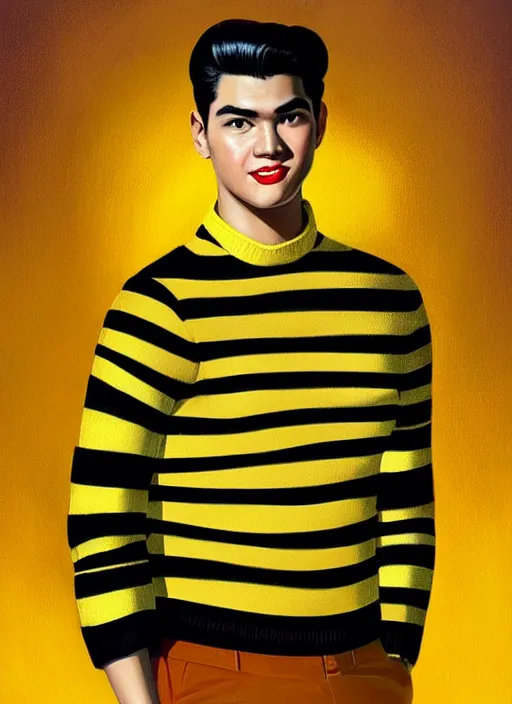 Image similar to portrait of young reggie mantle, mean smirk, egotistical, slicked back hair, striped yellow and black sweater, 1 9 5 0 s, intricate, elegant, glowing lights, highly detailed, digital painting, artstation, concept art, smooth, sharp focus, illustration, art by wlop, mars ravelo and greg rutkowski