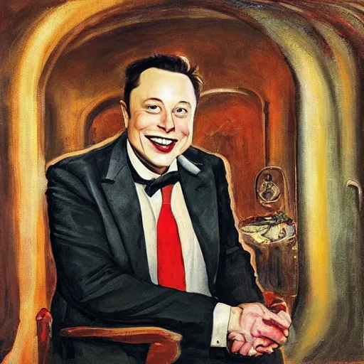 Image similar to “a deliriously happy king elon musk, portrait oil painting by Otto Dix, oil on canvas (1921)”