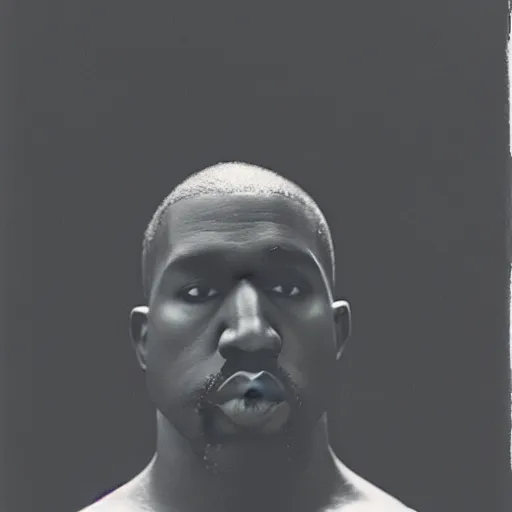 Image similar to a ( ( ( ( ( ( ( ( ( ( ( ( ( ( ( ( chiaroscuro lighting portrait ) ) ) ) ) ) ) ) ) ) ) ) ) ) ) of kanye west dressed as rick owens, black background, portrait by julia margaret cameron, shallow depth of field, 8 0 mm, f 1. 8