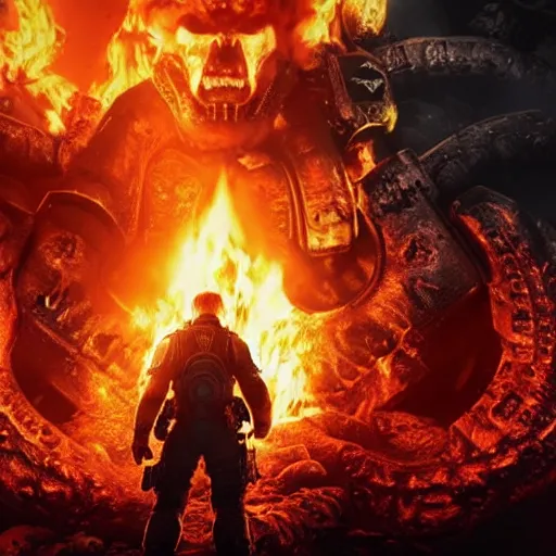 Image similar to Photo portrait of Donald Trump burning in hell!! in Gears of War, splash art, movie still, detailed face, photorealistic facial features, cinematic lighting, dramatic, octane render, long lens, shallow depth of field, bokeh, anamorphic lens flare, 8k, hyper detailed, 35mm film grain