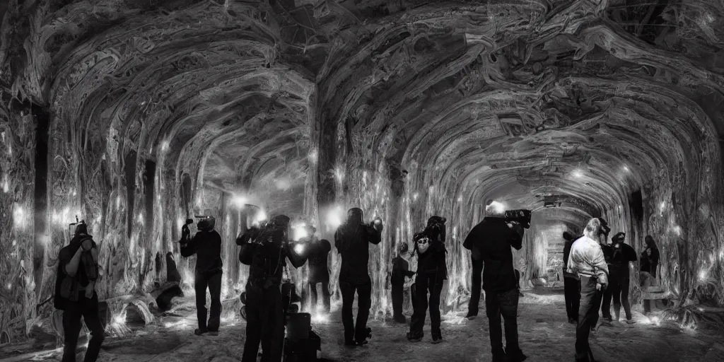 Image similar to love, groups of people in thermal imaging, from behind, rebirth, wide angle, cinematic atmosphere, elaborate, highly detailed, dramatic lighting