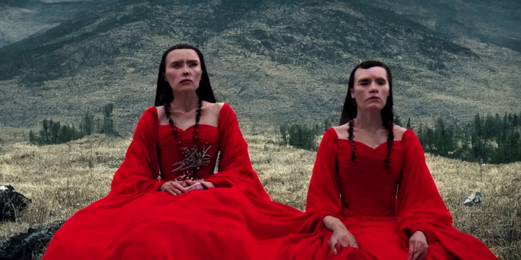 Image similar to film still of closeup a woman sitting on a throne in red long dress on the mountain of dead knights. by emmanuel lubezki