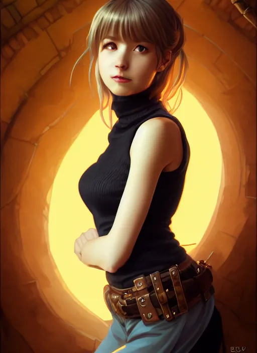 Image similar to portrait of a full body of beautiful young female detective, d & d, sleeveless turtleneck, fantasy, flat lighting, intricate, highly detailed, digital painting, artstation, concept art, smooth, sharp focus, illustration, misa amane, art by simon bisley and greg rutkowski and alphonse mucha, natural tpose