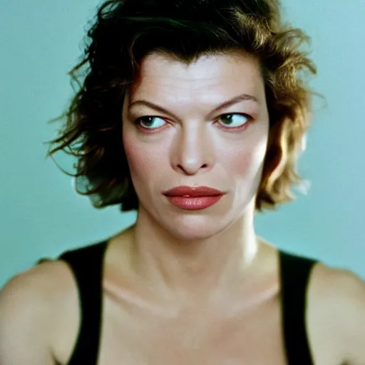 Prompt: 80s movie still close-up facing portrait of Mila Jovovich standing in a ceremony, by Irving Penn , Cinestill 800t 35mm , heavy grainy picture, very detailed, high quality, 4k, HD criterion, precise texture, with a large sovietic flag